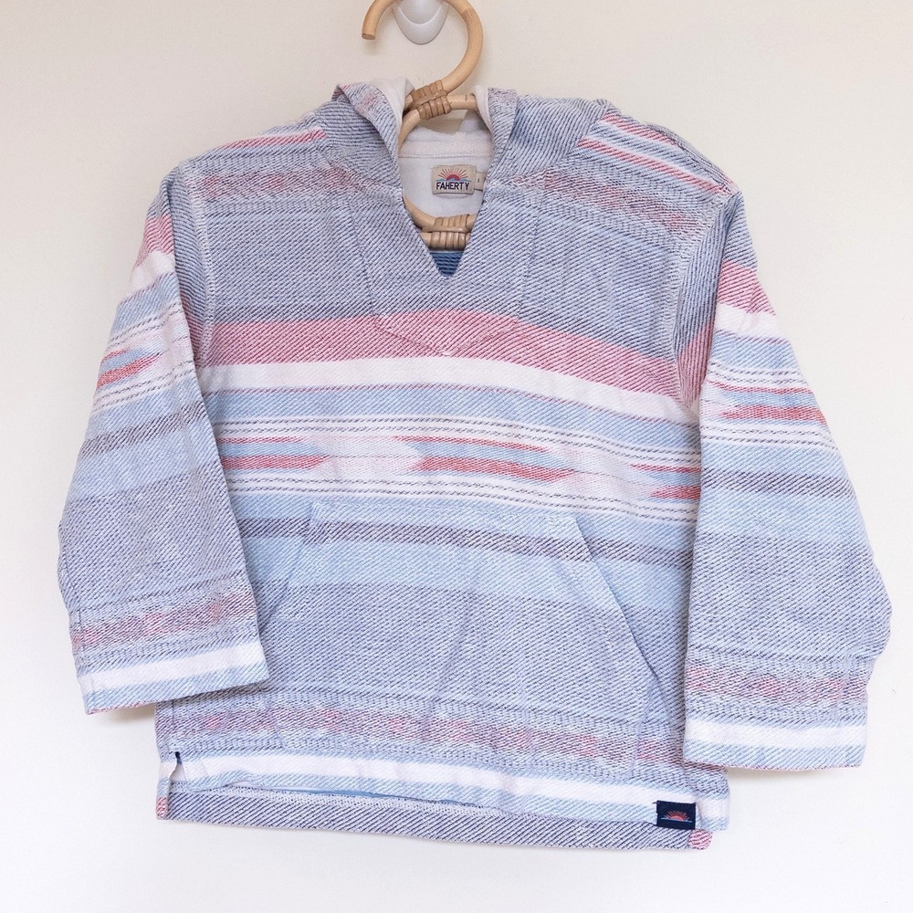 Faherty Brand Baja Hoodie Blue White Red Striped Organic Cotton Kids Size 5